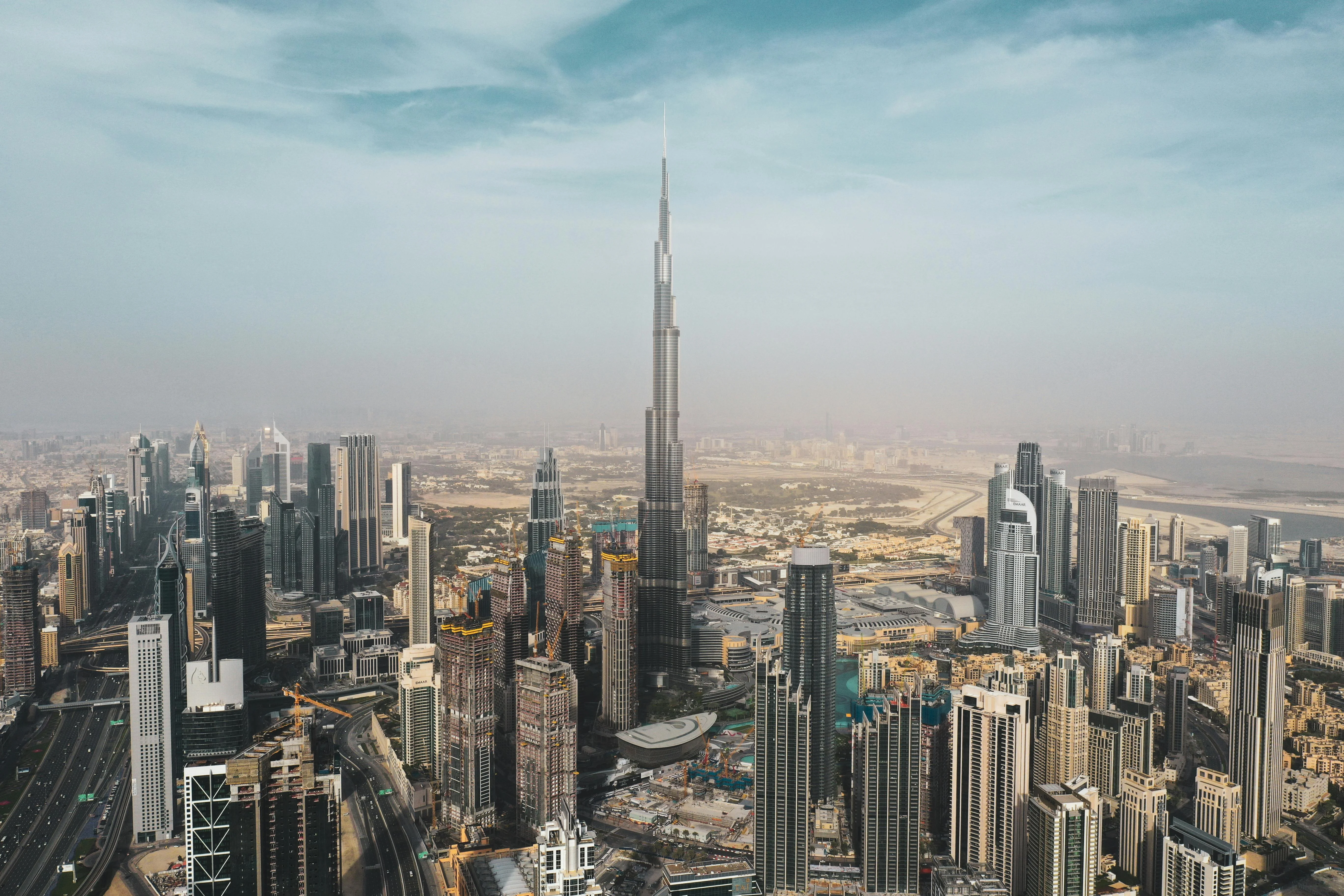 Aerial view of Dubai skyline at sunset