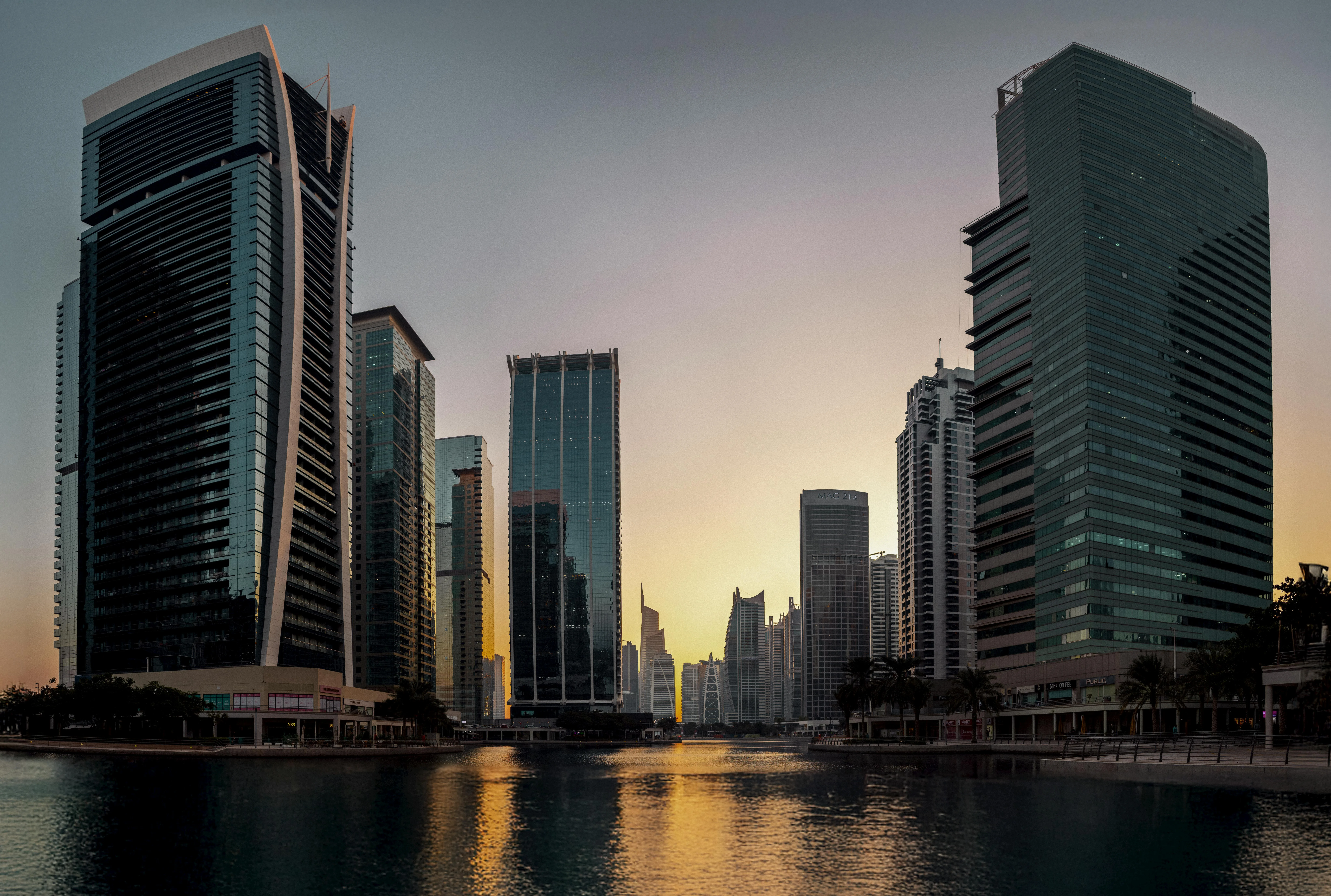 Modern Dubai business district with glass towers