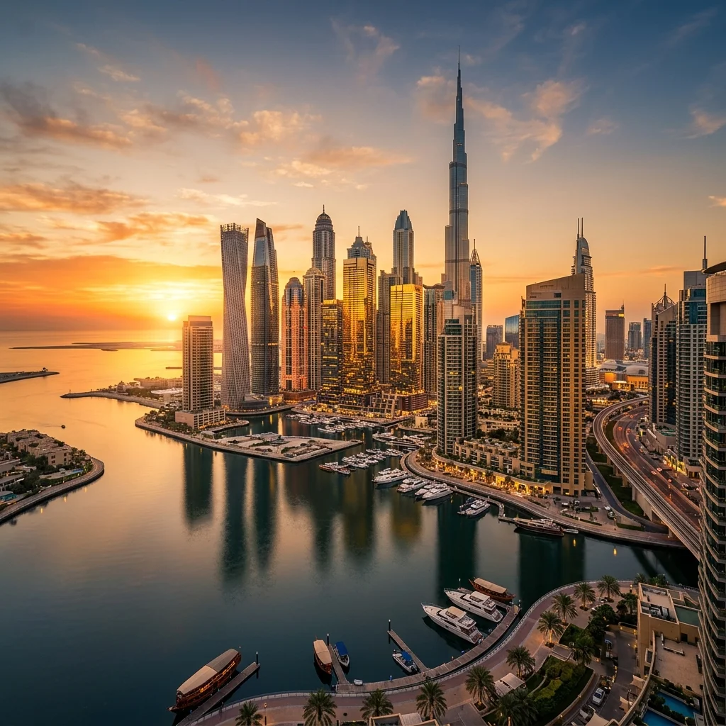 Modern Dubai skyline at sunrise with golden light reflecting off premium architecture